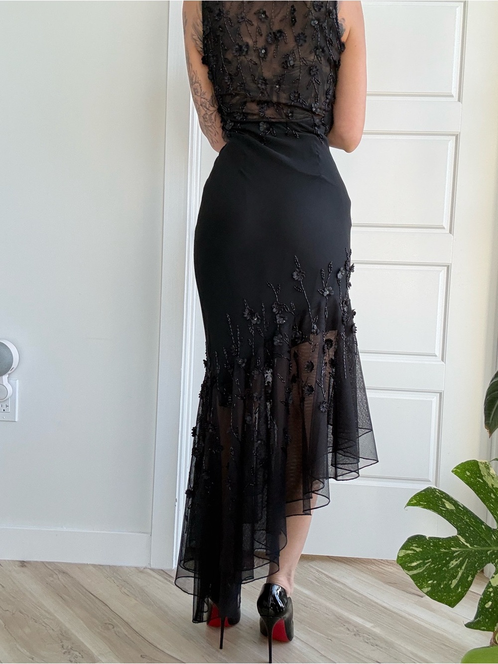 Rare Cache whimsical Fairy Beaded Floral Aplique Asymmetrical Maxi Silk Dress - Picture 8 of 8